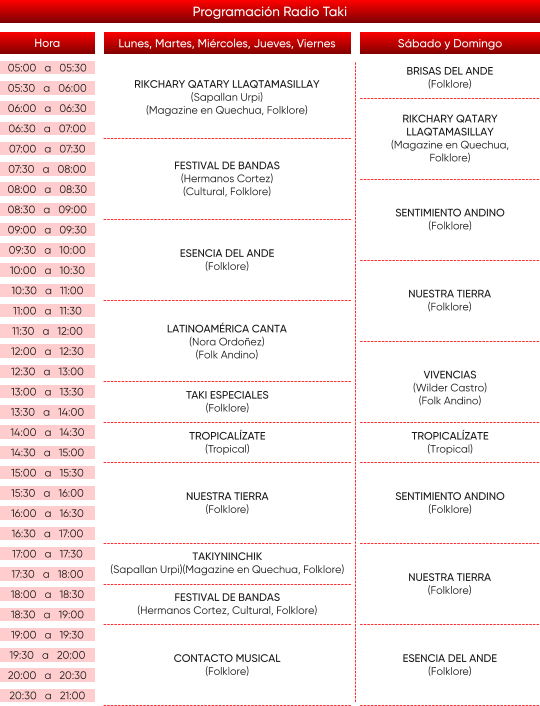 Lunes, Martes, Miércoles, Jueves, Viernes Sábado y Domingo RIKCHARY QATARY LLAQTAMASILLAY (Sapallan Urpi) (Magazine en Quechua, Folklore) FESTIVAL DE BANDAS (Hermanos Cortez) (Cultural, Folklore) LATINOAMÉRICA CANTA (Nora Ordoñez) (Folk Andino) CONTACTO MUSICAL (Folklore) ESENCIA DEL ANDE (Folklore) TAKI ESPECIALES (Folklore) TROPICALÍZATE (Tropical) NUESTRA TIERRA (Folklore) TAKIYNINCHIK (Sapallan Urpi)(Magazine en Quechua, Folklore) FESTIVAL DE BANDAS (Hermanos Cortez, Cultural, Folklore) RIKCHARY QATARY LLAQTAMASILLAY (Magazine en Quechua, Folklore) BRISAS DEL ANDE (Folklore) NUESTRA TIERRA (Folklore) VIVENCIAS (Wilder Castro) (Folk Andino) TROPICALÍZATE (Tropical) ESENCIA DEL ANDE (Folklore) SENTIMIENTO ANDINO (Folklore) SENTIMIENTO ANDINO (Folklore) 05:30   a   06:00 07:00   a   07:30 07:30   a   08:00 08:00   a   08:30 08:30   a   09:00 09:00   a   09:30 09:30   a   10:00 10:00   a   10:30 10:30   a   11:00 11:00   a   11:30 11:30   a   12:00 12:00   a   12:30 12:30   a   13:00 13:00   a   13:30 13:30   a   14:00 14:00   a   14:30 14:30   a   15:00 15:00   a   15:30 15:30   a   16:00 16:00   a   16:30 16:30   a   17:00 17:00   a   17:30 17:30   a   18:00 18:00   a   18:30 18:30   a   19:00 19:00   a   19:30 19:30   a   20:00 20:00   a   20:30 20:30   a   21:00 06:30   a   07:00 06:00   a   06:30 NUESTRA TIERRA (Folklore) Programación Radio Taki 05:00   a   05:30 Hora